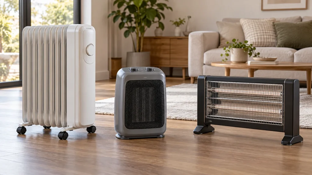 Oil filled vs ceramic vs infrared heaters displayed together on a living-room floor.