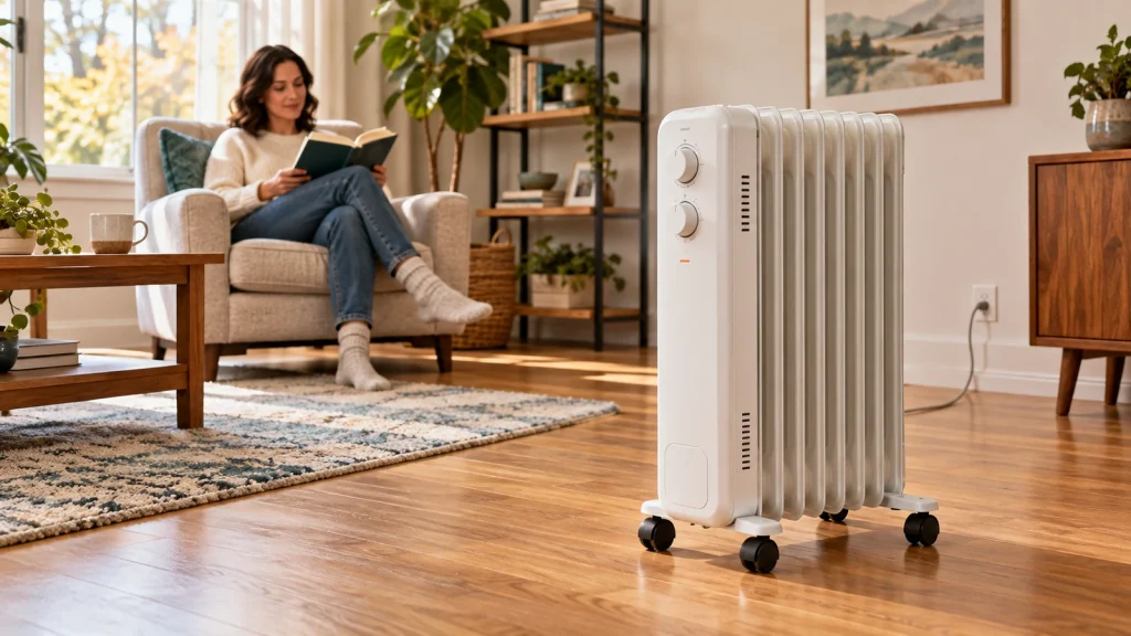 White oil-filled radiator on a hardwood floor with a woman reading in an armchair in the background.
