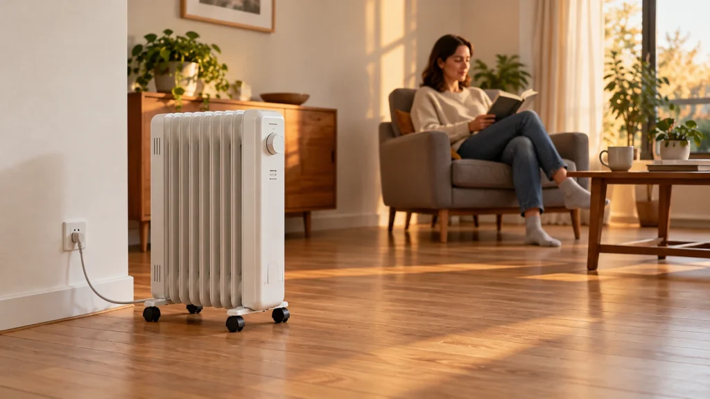 Oil-filled radiator on a wooden living-room floor with an adult reading in the background.