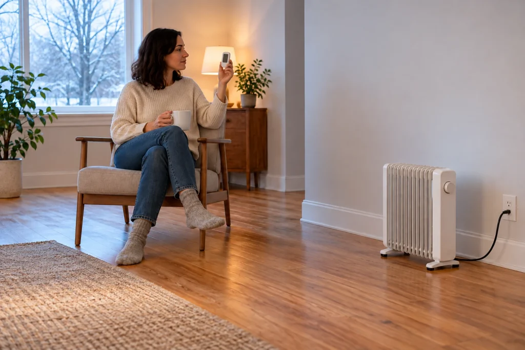 Woman checking a handheld room thermometer while seated across the room from an oil-filled radiator.