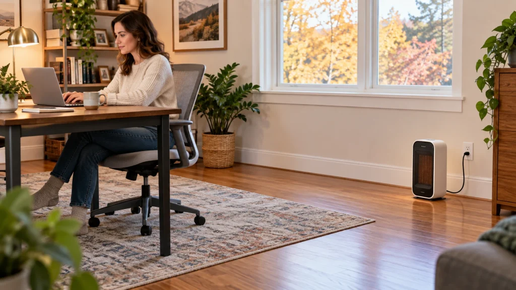 Woman working at a laptop with a portable electric heater on the clear wooden floor across the home office.