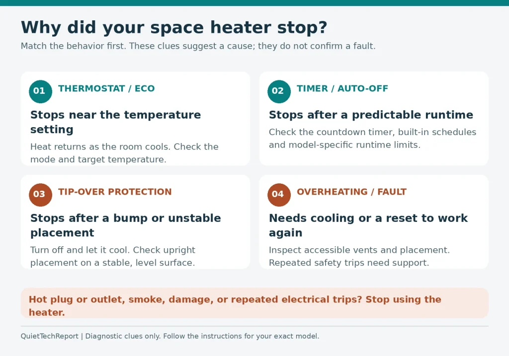 Space heater keeps shutting off diagnostic chart comparing thermostat cycling, timers, tip-over protection, and overheating.