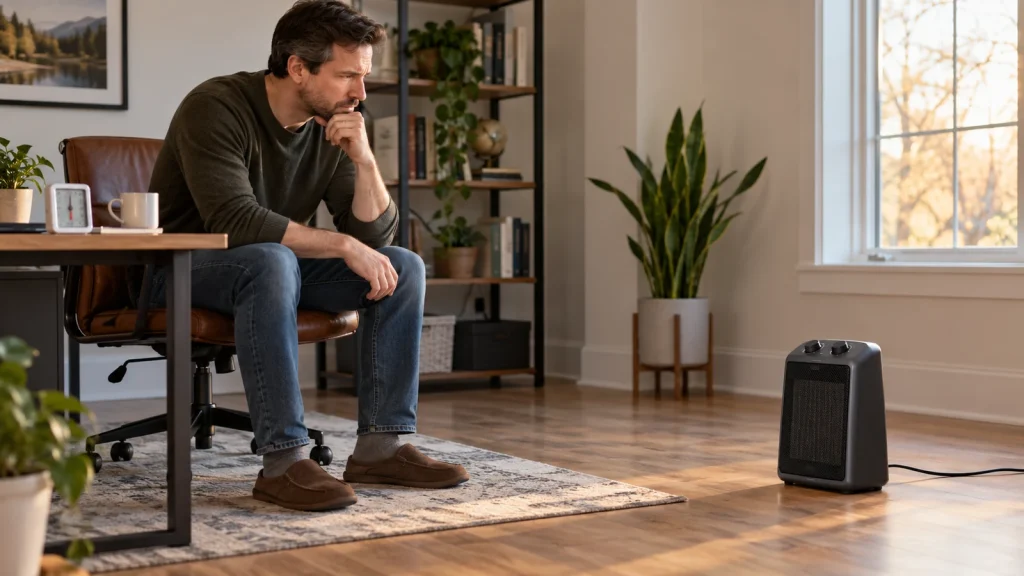 Homeowner observing a stopped space heater in a home office.