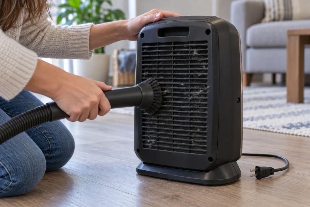 Vacuum brush removing dust from the rear air inlet of an unplugged space heater during shutdown troubleshooting.