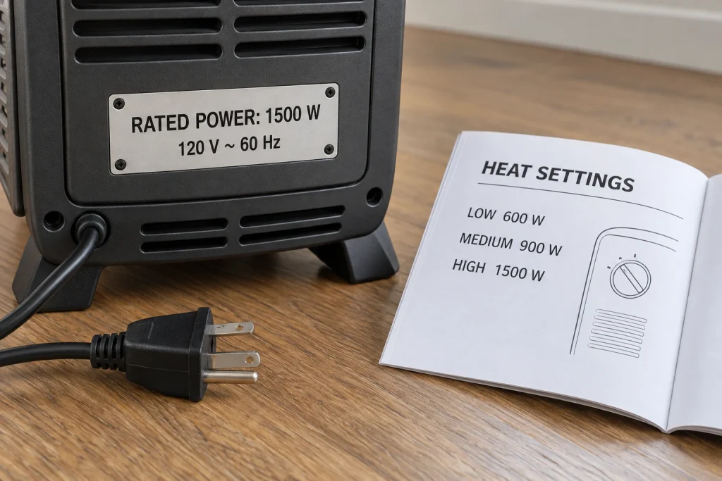 Example heater label showing 1,500 watts beside a manual listing 600-, 900-, and 1,500-watt heat settings.