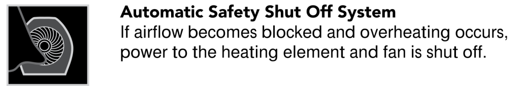Vornado VTH manual excerpt explaining that blocked airflow and overheating stop the heater’s heating element and fan.